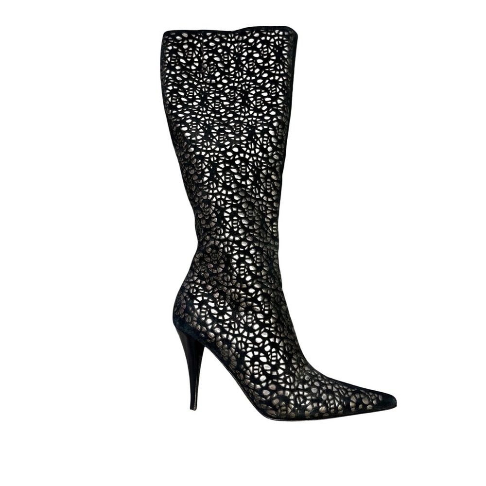St. John Black‎ Suede Laser Cut Knee High Boots Pointed Toe Stiletto Italy 7.5B - Picture 3 of 11